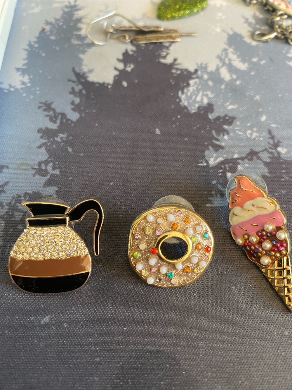 Coffee Pot, Jeweled Donut & Ice Cream Cone earring Set (3 to mix) - Multicolor